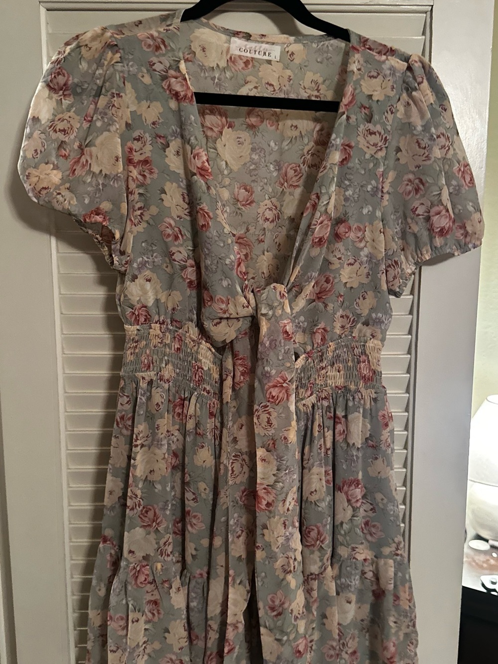 Smocked Waist Floral Mini Dress in Dusty Blue